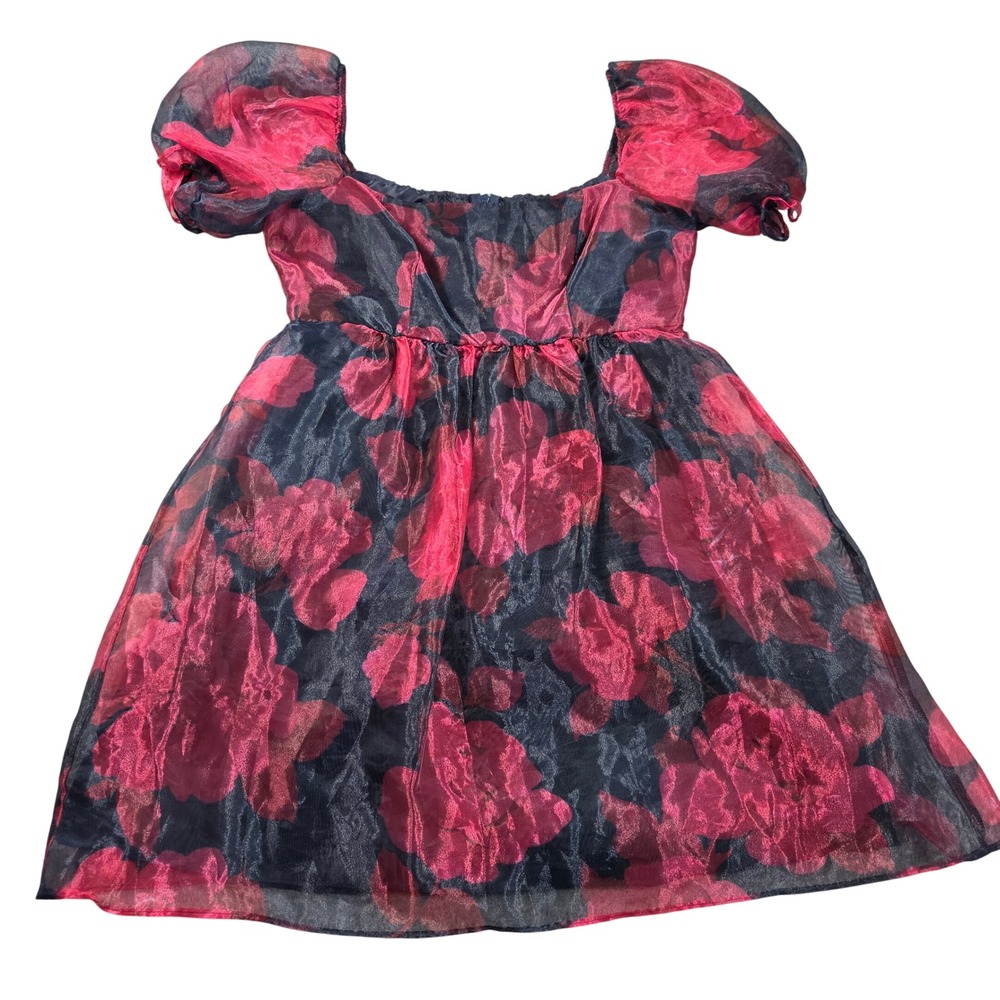 B. Darlin Dress Juniors 5/6 Babydoll Mini Pink Blue Floral Organza Puff Sleeve